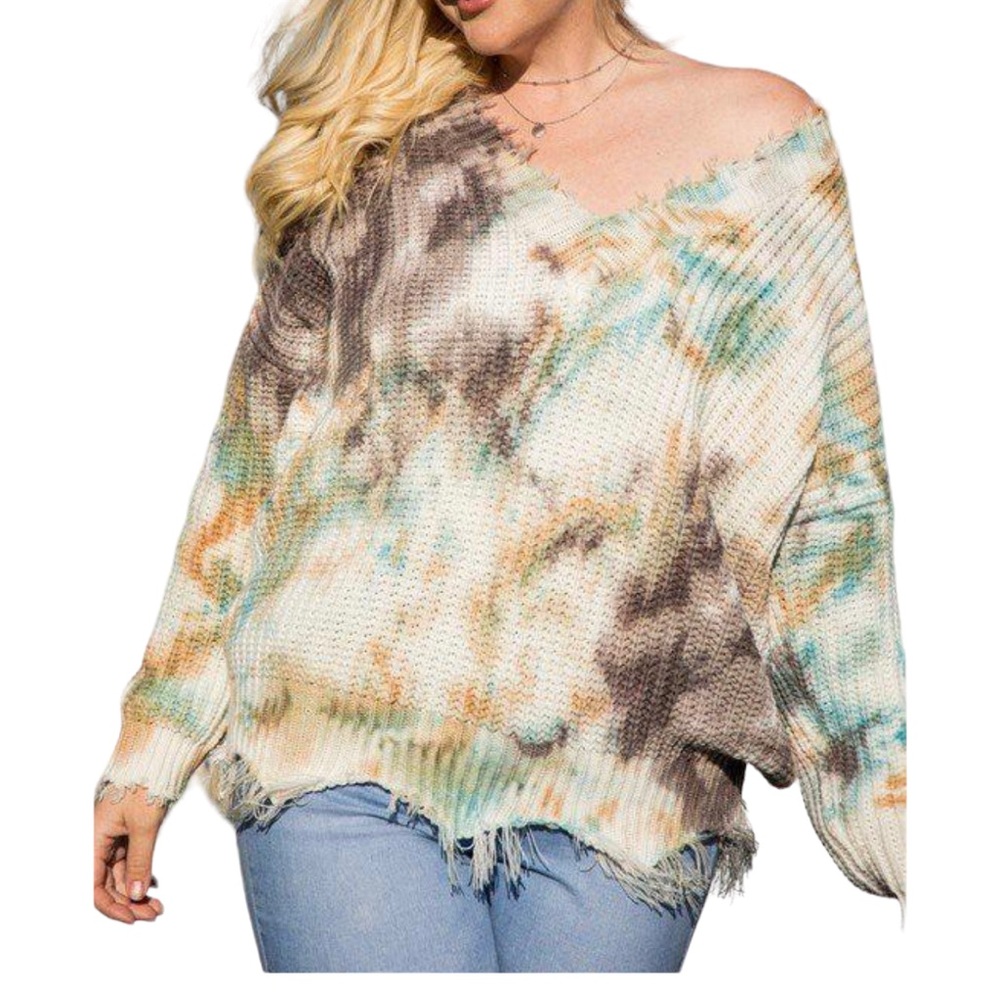Main Strip tie dye distressed V neck sweater